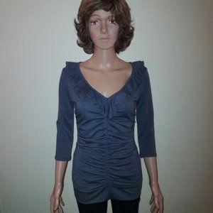 Maurices Dark Gray 3/4 Sleeve Ruffle Collar V-Neck Ruched Front Top Size S NWOT